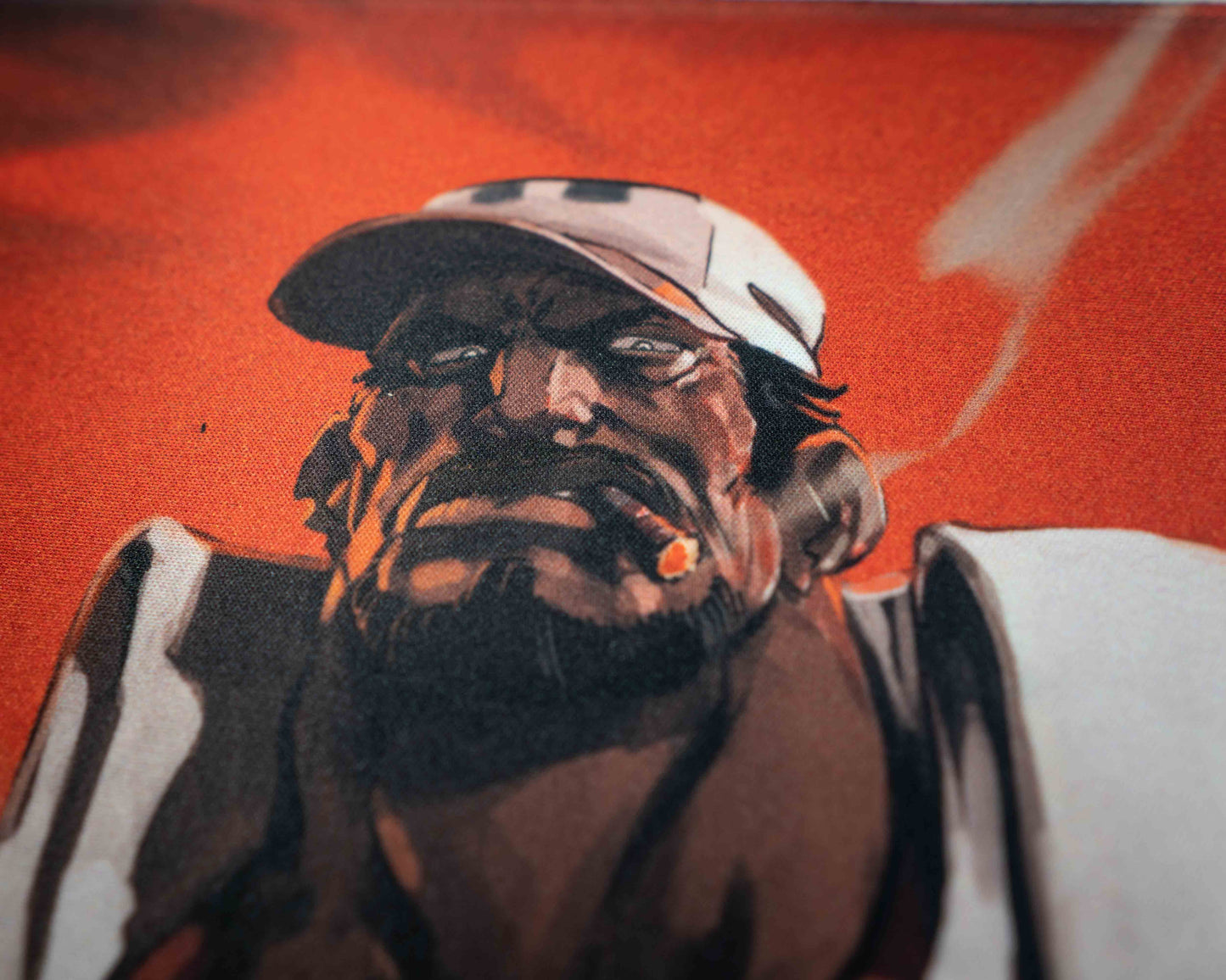close up of the fleet admiral, smoking and looking menacing