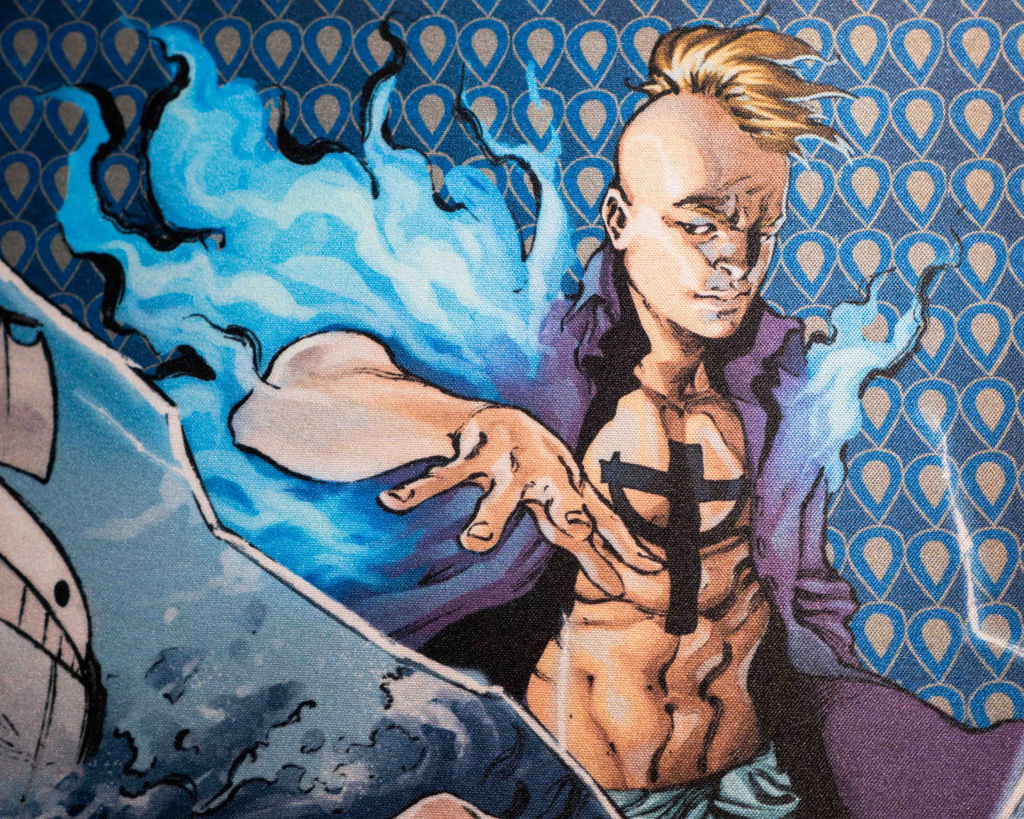 close up of a character with flames shooting out from his body