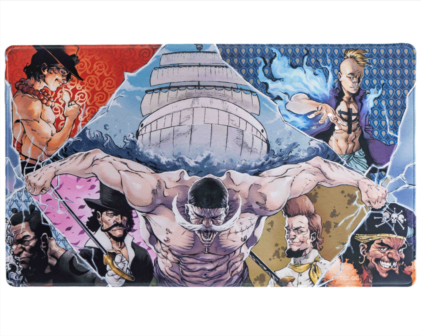 view from above of stitched playmat, showcasing a realistic depiction of the world's strongest man intensely shattering the mat into various sections, with each section framing a different character