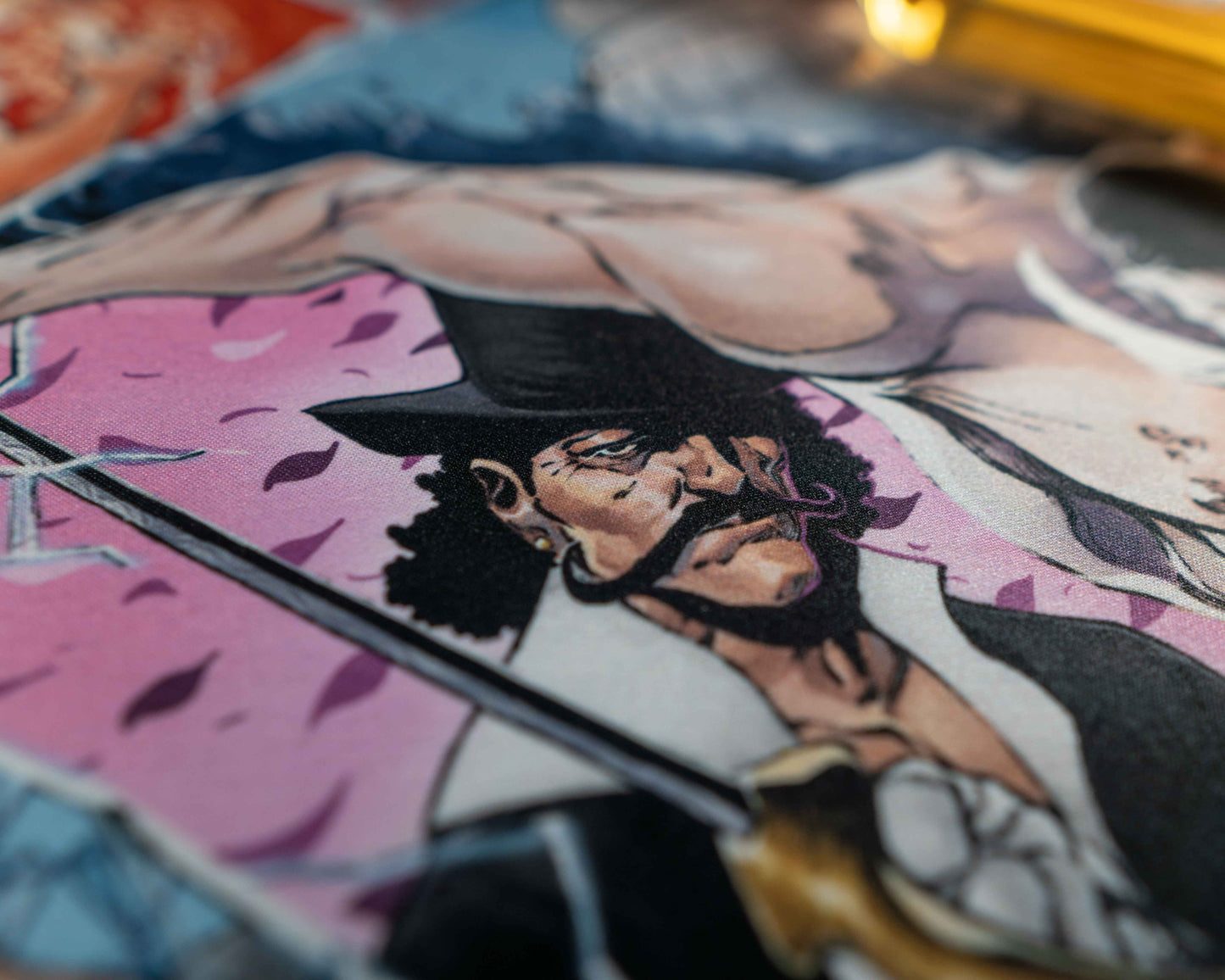 closeup of a character with an intense look, holding a rapier with pink cherry blossoms in the background