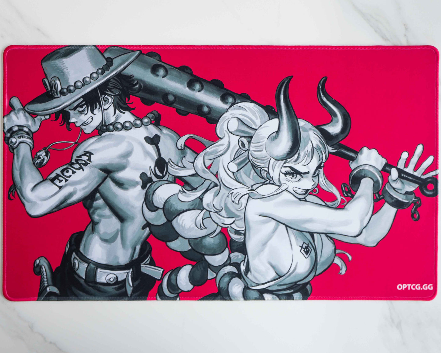 image from above of the full friends of fate playmat, showing two friends side by side smiling