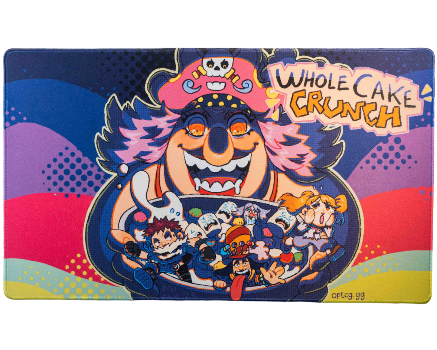 view from above of stitched playmat, showcasing a cartoonish depiction of a Queen ravenously looking at a bowl of cereal containing living cereal as well as some of her children trying to escape the bowl