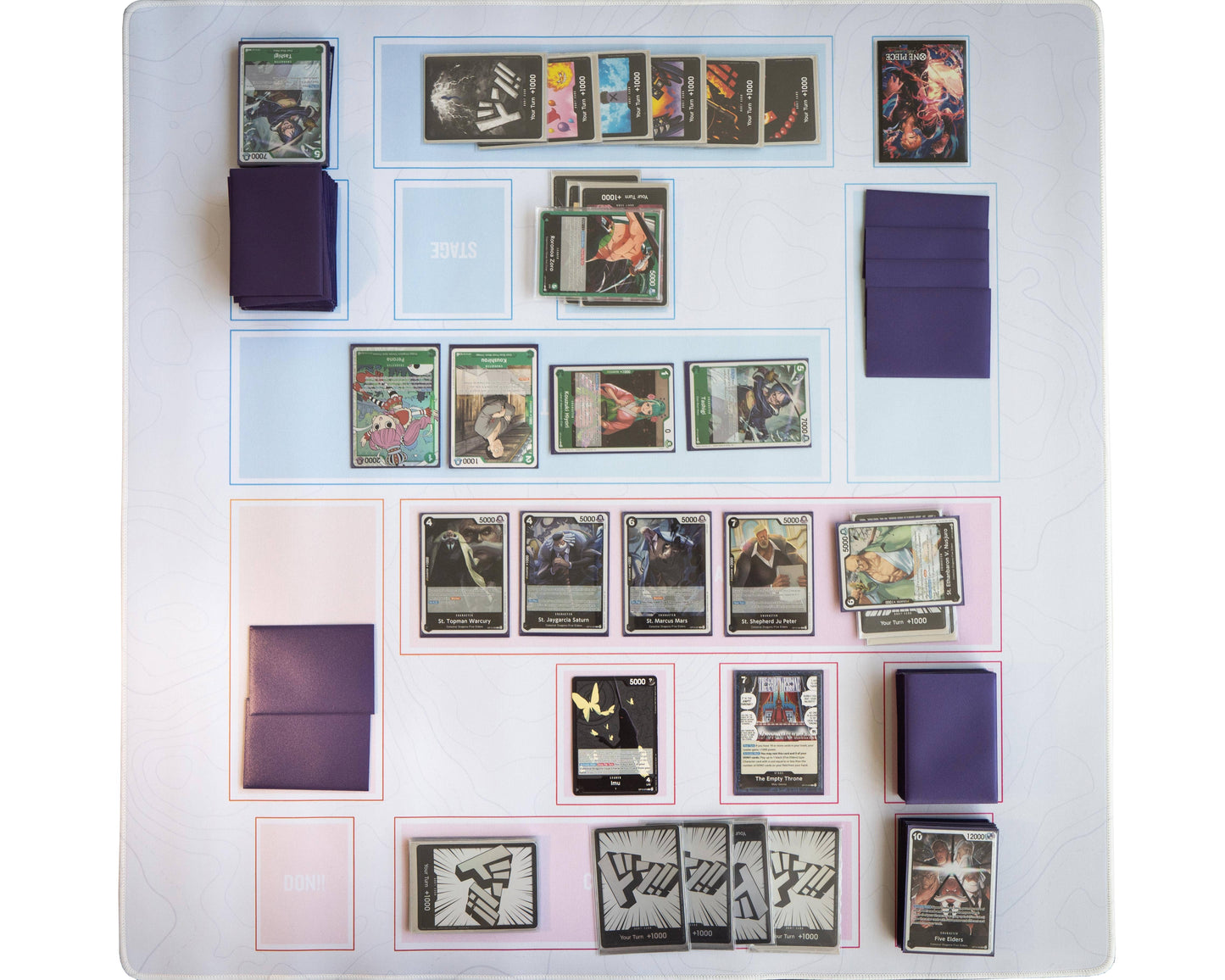 Collection of trading cards organized on a display board with purple card holders.