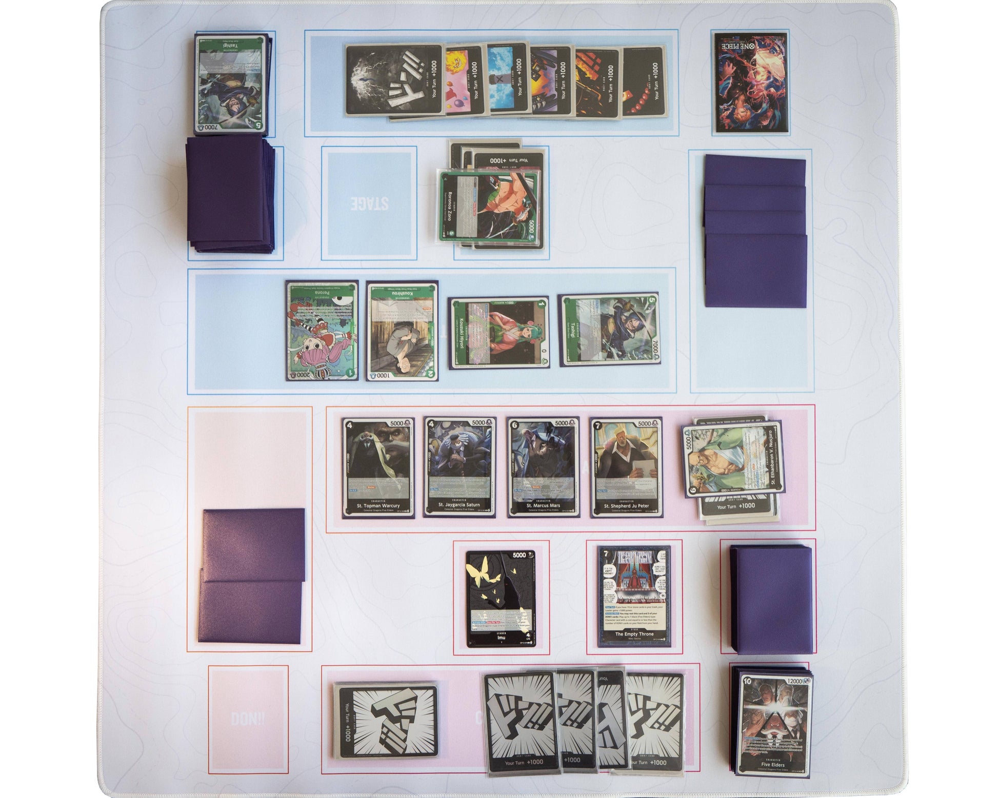 Collection of trading cards organized on a display board with purple card holders.