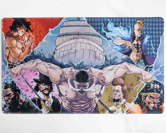 view from above of stitched playmat, showcasing a realistic depiction of the world's strongest man intensely shattering the mat into various sections, with each section framing a different character