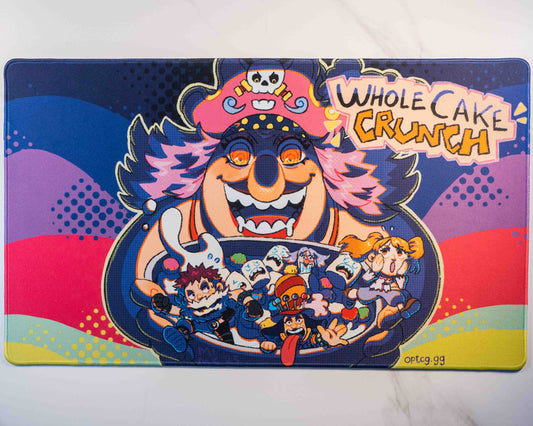 view from above of stitched playmat, showcasing a cartoonish depiction of a Queen ravenously looking at a bowl of cereal containing living cereal as well as some of her children trying to escape the bowl